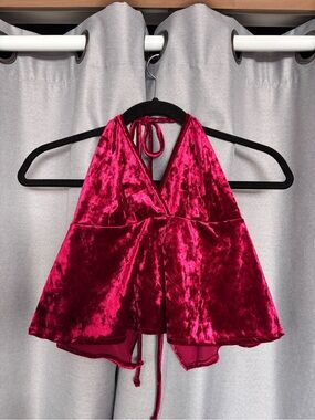 Whimsy American Eagle Crushed Red Velvet Peplum Halter Top Size OS